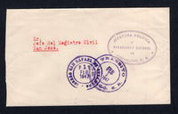 COSTA RICA - 1947 - OFFICIAL MAIL & CANCELLATION: Stampless official cover with oval 'Jefetura Politica Y Comandancia Cantonal de OREAMUNO C.R.' official cachet and CORREOS DE SAN RAFAEL DE OREAMUNO cds both in purple. Addressed to SAN JOSE with TRANSITO CARTAGO cds in purple also on front.  (COS/8562)