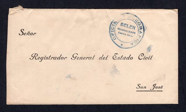 COSTA RICA - GUANACASTE - 1947 - OFFICIAL MAIL & CANCELLATION: Stampless official cover with undated circular OFICINA TELEGRAFICA BELEN GUANACASTE COSTA RICA cancel in blue. Addressed to SAN JOSE. Scarce origination.  (COS/8565)