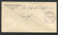 COSTA RICA - 1947 - OFFICIAL MAIL & CANCELLATION: Stampless official cover with circular 'Agencia Principal de Policia de PALMAR NORTE Distrito Cortes canton de Osa' official cachet in purple on front and somewhat blurred CORREOS DE PALMAR SUR cds in purple on reverse. Addressed to SAN JOSE.  (COS/8570)