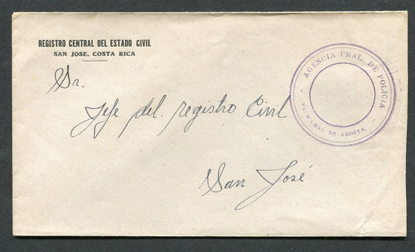 COSTA RICA - 1947 - OFFICIAL MAIL: Stampless official cover with large circular 'Agencia Pral de Policia PALMICHAL DE AGOSTA' official cachet in purple. Addressed to SAN JOSE.  (COS/8571)