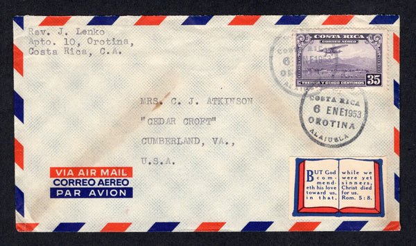 COSTA RICA - 1953 - CANCELLATION & CINDERELLA: Airmail cover franked with single 1952 35c violet (SG 512) tied by fine OROTINA ALAJUELA cds with second strike alongside. Addressed to USA with nice Religious CINDERELLA label showing an open book (Bible) with a quote from Rom 5:8.  (COS/8595)
