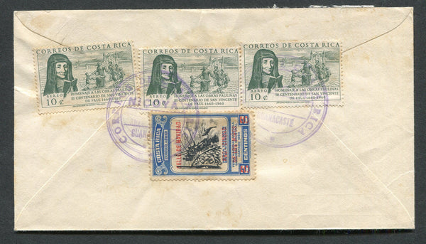 COSTA RICA - GUANACASTE - 1960 - CANCELLATION: Cover franked on reverse with 3 x 1960 10c green and 5c on 2c black & blue 'Sello de Navidad' TAX issue (SG 594 & 565) tied by large undated CORREOS DE COSTA RICA NICOYA GUANACASTE cancels in purple. Addressed to USA.  (COS/8597)
