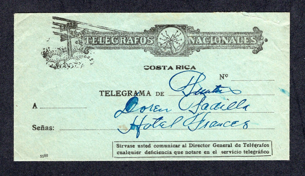 COSTA RICA - 1920 - TELEGRAPH: Circa 1920. Black on green illustrated 'TELEGRAFOS NACIONALES' envelope showing hand holding lightning bolt and Telegraph lines used with manuscript address 'HOTEL FRANCES' in SAN JOSE. Fine & unusual.  (COS/8616)
