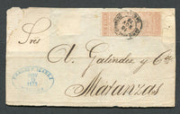 CUBA - 1873 - POSTAL FISCAL: Repaired cover FRONT only franked with 1868 10c yellow brown 'Giro' REVENUE issue (Forbin #1) inscribed 'DE 200 ESCUDOS A BAJO' tied by ADMON GRAL CORREOS HABANA cds dated 18 NOV 1873 with oval dated 'Franco F Ibanez Habana' firms cachet in blue at lower left. Addressed to MATANZAS. Rare.  (CUB/10877)