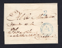 CUBA - 1853 - PRESTAMP & BAEZA CANCEL: Folded letter from VILLA SAN ANTONIO to HAVANA with fine S. ANTONIO 'Baeza' cds in blue with handstruck '2' rate marking and Havana arrival cds on reverse.  (CUB/17510)