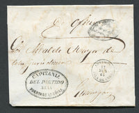 CUBA - 1863 - OFFICIAL MAIL & CANCELLATION: Stampless official cover with undated oval 'CAPITANIA DEL PARTIDO DE LA PUERTA DE LA GUIRA' cachet in black and fine ARTEMIS ISLA DE CUBA cds in black. Addressed to GUANAJAY with partial arrival cds on reverse.  (CUB/17512)