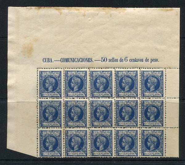 CUBA - 1898 - MULTIPLE: 6c blue 'Curly Head' issue, a mint block of fifteen with sheet margins at top, left & right with 'CUBA. -- COMUNICACIONES. - 50 sellos de 6 centavos de peso' IMPRINT in top margin. (SG 193)  (CUB/18270)