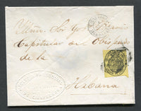 CUBA - 1860 - OFFICIAL MAIL: Cover franked with Spain 1860 ½o black on yellow 'OFFICIAL' issue (SG O54) three large margins touching at top tied by 'Parrilla' cancel with CIENFUEGOS cds alongside and embossed oval 'YGLESIA PARROQUIAL DE CIENFUEGOS' official cachet at lower left. Addressed to HAVANA.  (CUB/18332)