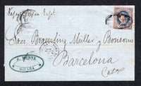 CUBA - 1865 - CLASSIC ISSUES & CANCELLATION: Cover franked with 1864 1r bright blue on salmon 'Isabella' issue (SG 17a) a fine four margin copy tied by 'Parrilla' cancel with GIBARA cds alongside. Addressed to BARCELONA, SPAIN with partial arrival cds on reverse.  (CUB/18333)