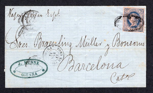 CUBA - 1865 - CLASSIC ISSUES & CANCELLATION: Cover franked with 1864 1r bright blue on salmon 'Isabella' issue (SG 17a) a fine four margin copy tied by 'Parrilla' cancel with GIBARA cds alongside. Addressed to BARCELONA, SPAIN with partial arrival cds on reverse.  (CUB/18333)