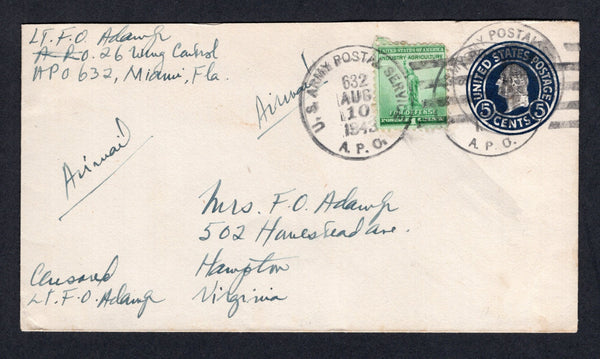 CUBA - 1943 - US ARMY POST OFFICES: USA 5c dark blue postal stationery envelope (H&G B495) used with added 1940 1c emerald green (SG 896) tied by U.S. ARMY POSTAL SERVICE A.P.O. 632 cds's dated AUG 10 1943 located at Battista Field, San Antonio de los Banos. Sent airmail to USA with manuscript censor mark.  (CUB/20600)