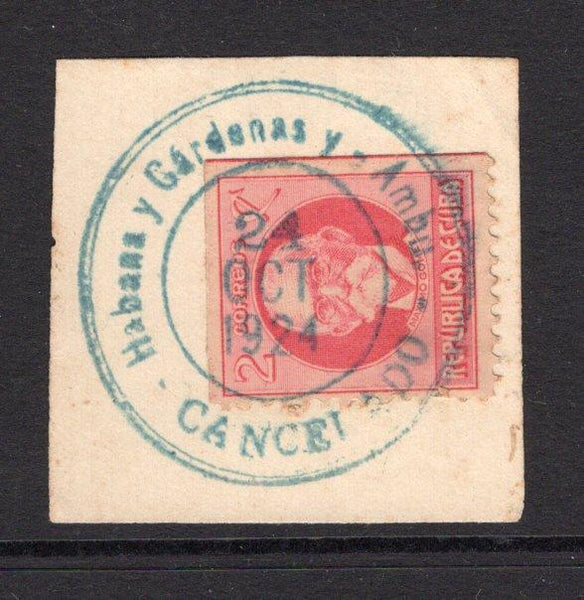 CUBA - 1924 - TRAVELLING POST OFFICES & CANCELLATION: 2c rose red 'Portrait' issue tied on piece by superb strike of HABANA Y CARDENAS Y - AMBU CANCELADO cds in blue dated 24 OCT 1924. (SG 337)  (CUB/26187)