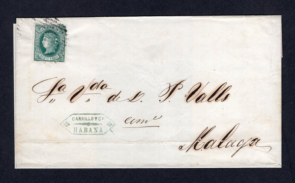 CUBA - 1866 - CLASSIC ISSUES: Cover franked with 1866 20c green 'Isabella' issue (SG 21) a fine four margin copy tied by 'Bars' cancel, sent from HAVANA with firms cachet on front. Addressed to MALAGA, SPAIN with arrival cds on reverse.  (CUB/27121)