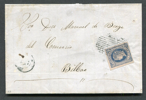 CUBA - 1864 - CLASSIC ISSUES: Cover franked with fine four margin 1864 1r dull blue on pale brown 'Isabella' issue (SG 17) tied by 'Bars' cancel with light HABANA cds alongside. Addressed to BILBAO, SPAIN with arrival cds's on reverse.  (CUB/27520)