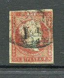 CUBA - 1855 - PROVISIONAL ISSUE: 'Y¼' on 2r deep carmine 'Isabella' issue surcharged for local use in Havana, a good four margin copy used with light 'Parrilla' cancel. A rare stamp. 2014 Echenagusia certificate accompanies. (SG 5, Edifil #4)  (CUB/28234)