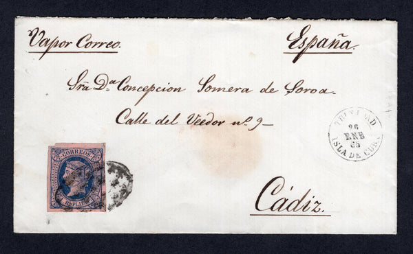 CUBA - 1865 - CLASSIC ISSUES: Cover franked with fine four margin 1864 1r dull blue on pale brown 'Isabella' issue (SG 17) tied by 'Parrilla' cancel with TRINIDAD cds alongside. Addressed to CADIZ, SPAIN. Very attractive.  (CUB/28275)