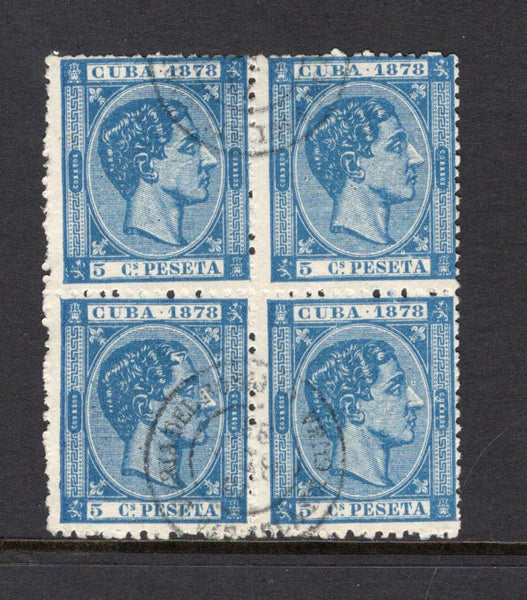 CUBA - 1878 - MULTIPLE: 5c blue 'King Alfonso XII' issue dated '1878', a very fine cds used block of four. (SG 73)  (CUB/29674)