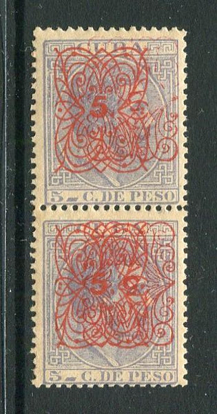 CUBA - 1883 - PROVISIONAL ISSUE: 5c on 5c dull lavender 'La Propaganda Literaria' SURCHARGE issue with variety OVERPRINT DOUBLE consisting of overprint types 3 and 5. A fine mint pair. (SG 115 variety)  (CUB/29688)