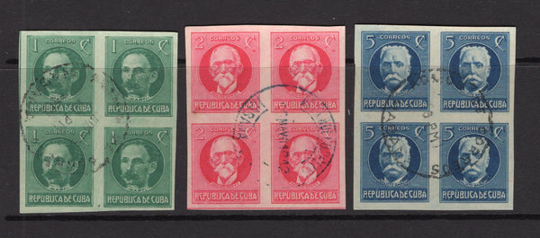 CUBA - 1925 - MULTIPLES: 1c green, 2c rose carmine and 5c blue PORTRAIT issue, watermark 'Star' all fine cds used IMPERF blocks of four. (SG 345a, 346a & 348a)  (CUB/29705)