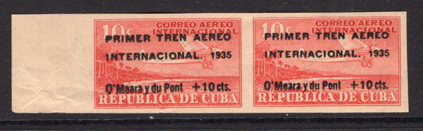 CUBA - 1935 - COMMEMORATIVES: 10c + 10c scarlet 'Havana - Miami Air Train' overprint issue imperf. A fine mint side marginal pair. (SG 400A)  (CUB/29707)
