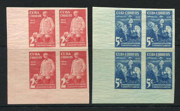 CUBA - 1939 - VARIETY & MULTIPLE: 'Birth Centenary of General Calixto Garcia' issue, the pair in fine mint corner marginal IMPERF blocks of four. (SG 434/435)  (CUB/29718)