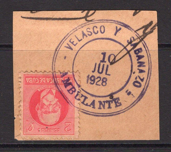 CUBA - 1928 - TRAVELLING POST OFFICES: 2c rose carmine PORTRAIT issue tied on piece by superb strike of VELASCO Y SABANAZO AMBULANTE cds in bright purple dated 10 JUL 1928. An uncommon cancel. (SG 346)  (CUB/29724)