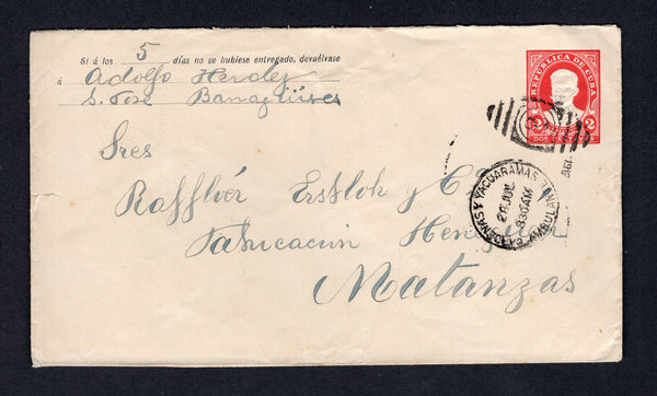 CUBA - 1912 - TRAVELLING POST OFFICES: 2c red on yellowish laid paper postal stationery envelope (H&G B12) sent from Banaguises with manuscript return address at top left with fine strike of CARDENAS Y YACUARAMAS AMBULANTE '2' duplex cds dated 28 JUL 1912. Addressed to HENEQUEN, MATANZAS with feint arrival cds on reverse.  (CUB/29731)