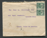 CUBA - 1913 - TRAVELLING POST OFFICES: Cover from VELASCO with firms handstamp on reverse franked with pair 1911 1c green (SG 320) tied by good strike of PUERTO PADRE Y HOLGUIN AMBU No.1 cds dated AUG 21 1913. Addressed to USA with HAVANA transit cds on reverse.  (CUB/29734)