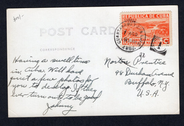 CUBA - 1937 - TRAVELLING POST OFFICES: Real photographic PPC 'Guantanamo Bay, Cuba' showing many US Warships off the coast franked on message side with 1936 10c orange 'Matanzas' issue (SG 410) tied by fine strike of GUANTANAMO Y SAN LUIS AMBU '1' duplex cds dated 1 AUG 1937. Addressed to USA.  (CUB/29738)