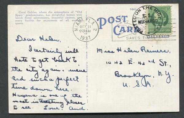 CUBA - 1937 - MARITIME: Colour PPC 'Venetian Pool, Coral Gables, Florida' franked on message side with 192 1c green 'portrait' issue (SG 345) tied by fine strike of undated 'POSTED ON THE HIGH SEAS S.S. MUNARGO' Ship cancel in black. Addressed to USA with MIAMI arrival cds also tying stamp.  (CUB/29747)