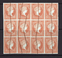 CUBA - 1855 - MULTIPLE: 2r dull red on blued paper 'Isabella' issue a fine fiscally used block of twelve with neat manuscript cancels, good margins all round. Nice multiple. (SG 3a)  (CUB/3029)