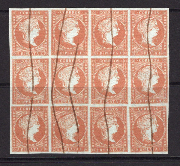 CUBA - 1855 - MULTIPLE: 2r dull red on blued paper 'Isabella' issue a fine fiscally used block of twelve with neat manuscript cancels, good margins all round. Nice multiple. (SG 3a)  (CUB/3029)
