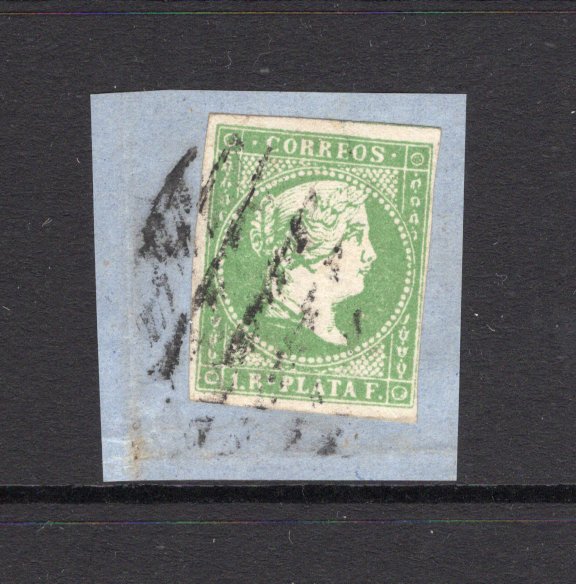 CUBA - 1860 - POSTAL FORGERY: 1r bright green 'Isabella' issue POSTAL FORGERY tied on small piece by light 'Bars' cancel. Scarce.  (CUB/3030)