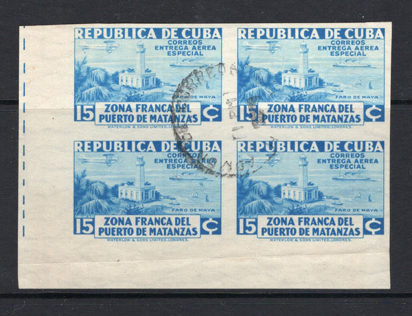 CUBA - 1936 - COMMEMORATIVES: 15c light blue 'Free Port of Matanzas' SPECIAL DELIVERY issue a fine IMPERF corner marginal block of four used with central cds. (SG E413a)  (CUB/3109)