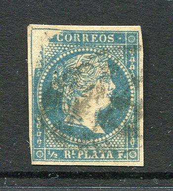 CUBA - 1857 - CLASSIC ISSUES & VARIETY: ½r greenish blue 'Isabella' issue, no watermark, a fine used four margin copy showing variety 'UPPER LEFT CORNER WHITE'. A fine example of this very scarce stamp. (SG 9b)  (CUB/31617)