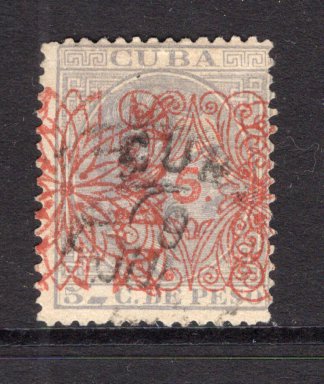CUBA - 1883 - PROVISIONAL ISSUE: 5c on 5c dull lavender 'La Propaganda Literaria' SURCHARGE issue with variety OVERPRINT DOUBLE consisting of overprint types 1 and 3. Fine lightly used. (SG 103 variety)  (CUB/31618)