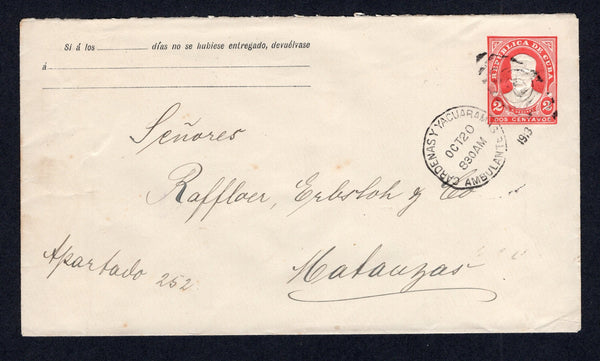 CUBA - 1913 - TRAVELLING POST OFFICES: 2c red on yellowish laid paper postal stationery envelope (H&G B12) used fine strike of CARDENAS Y YACUARAMAS AMBULANTE '2' duplex cds dated OCT 20 1913. Addressed to MATANZAS with feint arrival cds on reverse.  (CUB/32340)