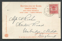 CUBA - 1908 - TRAVELLING POST OFFICES: Colour PPC 'Office & Lobby, Hotel Camaguey, Cuba' franked on message side with 1905 2c carmine (SG 308) tied by fine strike of ISABELL Y CIENFUEGO R.P.O. duplex cds dated MAY 29 1908. Addressed to UK.  (CUB/32946)