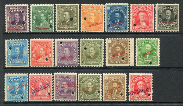 CUBA - 1910 - TELEGRAPH ISSUE: 'Portrait' TELEGRAPH issue the first printing from 1910, set of seven, the second printing in new colours from 1911, the set of six and the later 1913 re-issued set of six all with 'SPECIMEN' overprint in red and small hole punch. The different types of Specimen overprint show the difference in the printings. A superb set. Ex ABNCo. archive. Illustrated photocopy of the print order accompanies. (Barefoot #91/103)  (CUB/33295)