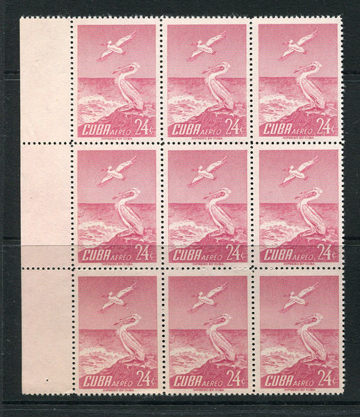 CUBA - 1956 - BIRD THEMATIC & MULTIPLE: 24c rose magenta 'American White Pelicans' BIRD issue, a fine unmounted mint side marginal block of nine. (SG 776)  (CUB/33749)