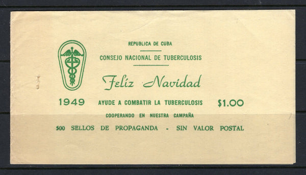 CUBA - 1949 - CINDERELLA: 1p green on yellow printed 'Consejo Nacional de Tuberculosis Feliz Navidad 500 Sellos de Propaganda Sin Valor Postal' Charity stamp BOOKLET including nine complete panes of ten and one pane missing two stamps of the blue TB label with '1c 1949 FELIZ NAVIDAD' overprint in red. The booklet would have originally contained 50 panes and the original staples are missing, however still a rare item in very fine condition.  (CUB/33785)