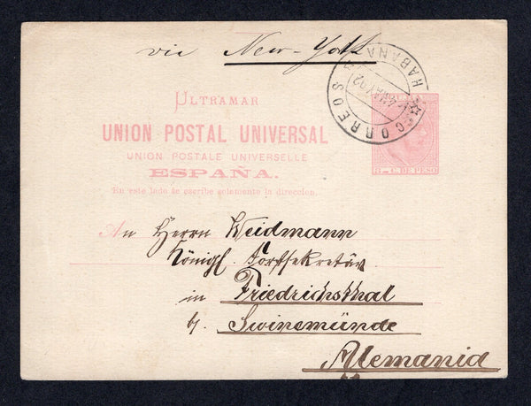 CUBA - 1882 - POSTAL STATIONERY: 3c pale pink 'Alfonso XII' postal stationery card (H&G 12 on very thin card) used with HABANA cds dated 4 MAY 1882. Addressed to GERMANY. Fine commercial use.  (CUB/34126)