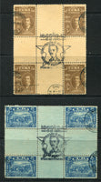 CUBA - 1942 - MULTIPLE: 3c sepia and 5c blue 'Birth Centenary of General Ignacio Agramonte Loynaz' issue the pair in fine used blocks of four surrounding a central pane of five blank labels from the centre of the sheet with commemorative illustrated 'Loynaz' head cancellation in centre of block. (SG 456/457)  (CUB/34359)