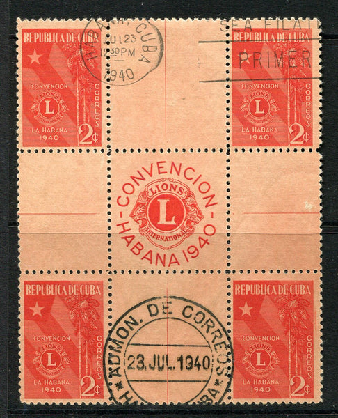 CUBA - 1940 - MULTIPLE: 2c scarlet 'Lions International Convention, Havana' issue in a fine used block of four surrounding a central pane of four blank labels and one label with 'Lions' emblem inscribed 'CONVENCION HABANA 1940' from the centre of the sheet. (SG 439)  (CUB/34360)