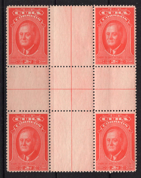 CUBA - 1947 - MULTIPLE: 2c scarlet 'Second Death Anniversary of Franklin D Roosevelt' issue in a fine mint block of four surrounding a central pane of five blank labels from the centre of the sheet. (SG 495)  (CUB/34361)