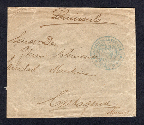CUBA - 1899 - SPANISH AMERICAN WAR: Stampless Soldiers Letter from a Spanish soldier serving in Cuba with manuscript 'Peninsula' at top with circular REGIMIENTO INFANTERIA DE ESPANA No.46 1ER BON military cachet in blue depicting a galloping horse. Addressed to CARTAGENA, SPAIN with arrival cds on reverse. Military mail from this campaign is very scarce.  (CUB/34409)