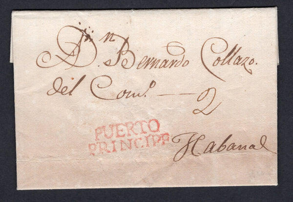CUBA - 1830 - PRESTAMP: Complete folded letter from PUERTO PRINCIPE to HAVANA with fine strike of two line 'PUERTO PRINCIPE' marking in red. Rated '2r' in manuscript.  (CUB/34414)
