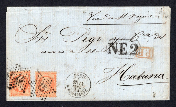 CUBA - 1864 - INCOMING MAIL: Incoming folded letter from France franked with 2 x 1862 40c orange 'Napoleon' issue (SG 96) tied by two strikes of '15' PARIS STAR with PARIS N. BONAPARTE cds dated 14 SEP 1864 alongside and boxed 'P.P.' marking in red. Addressed to HAVANA with fine strike of boxed 'NE2' arrival marking in black on front.  (CUB/36489)