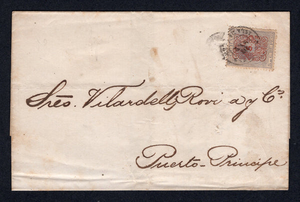 CUBA - 1883 - PROVISIONAL ISSUE: Cover datelined 'Habana Set 8 1883' on flap franked with single 1883 5c on 5c dull lavender 'La Propaganda Literaria' SURCHARGE issue, overprint type 3 (SG 109) tied by HABANA cds dated 10 SEP 1883. Addressed to PUERTO PRINCIPE. A very scarce issue on cover.  (CUB/36497)