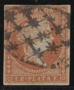 CUBA - 1856 - CLASSIC ISSUES: 2r red on yellowish paper watermark 'Crossed Lozenges', a very fine used four margin copy. (SG 8)  (CUB/36523)